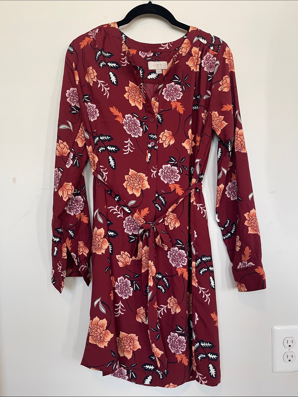 Loft Fall floral print tie waist dress Size small